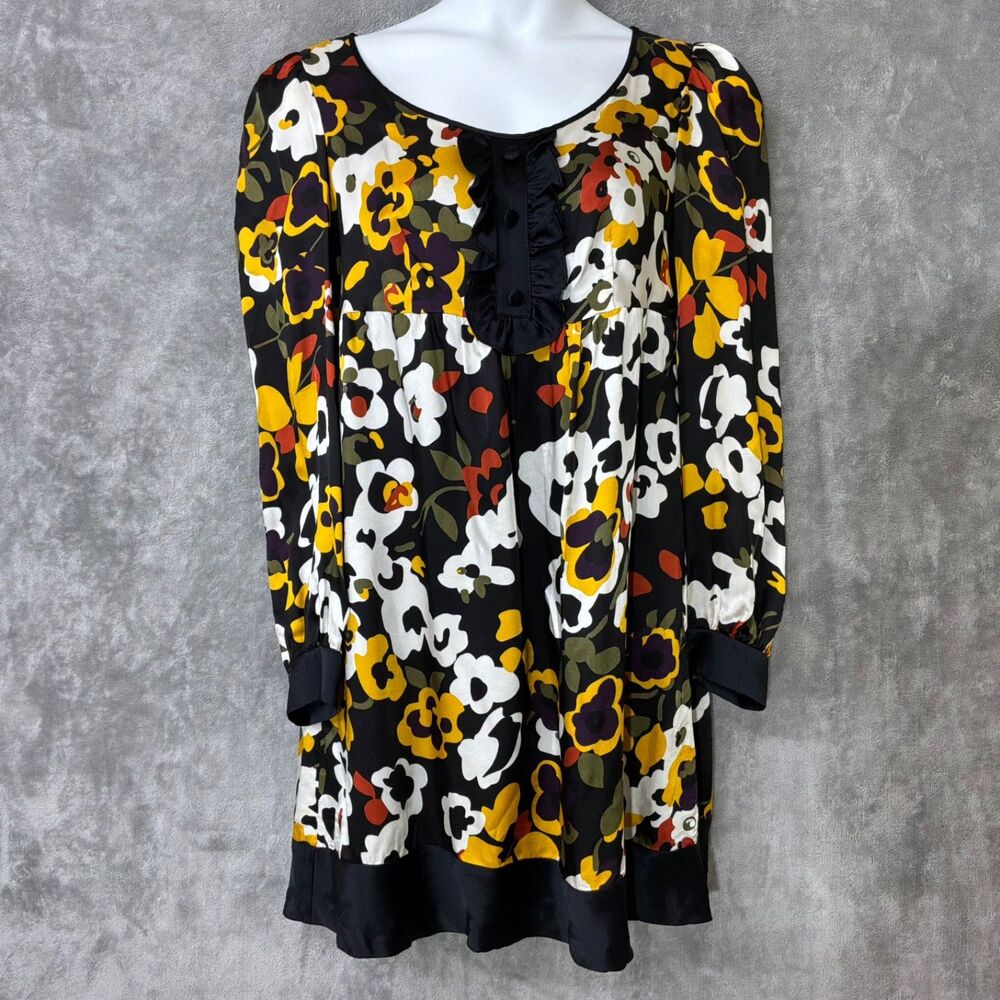 Walter BOHO Multicolor Floral shift dress women’s Size L ruffle neck silk lining